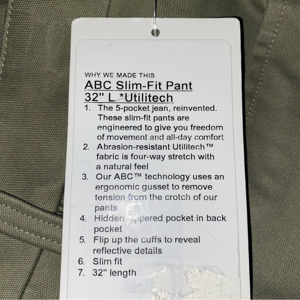 Lululemon ABC Slim-Fit Pant 32”L *Utilitech BALF Bay Leaf Green Men's Size 28 - Picture 6 of 6